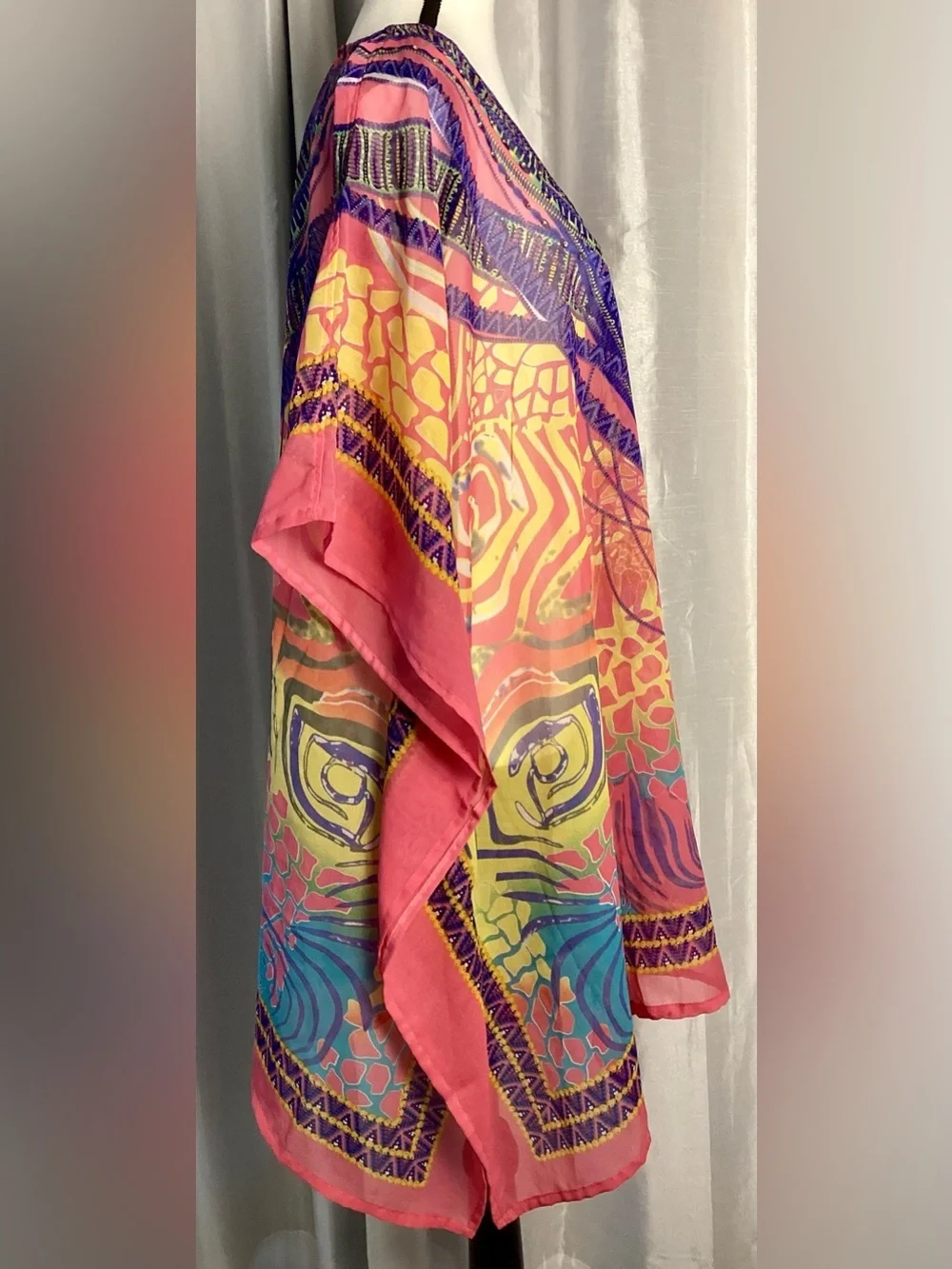 Rhinestone Boho Chiffon Kaftan Tunic Pink Teal Exotic Festival Caftan Top OS